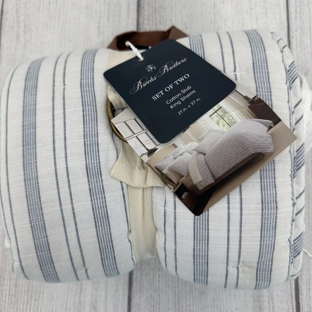 Brooks Brothers Pillow Shams KING White Blue Stripe 100% Cotton Slub Quilted